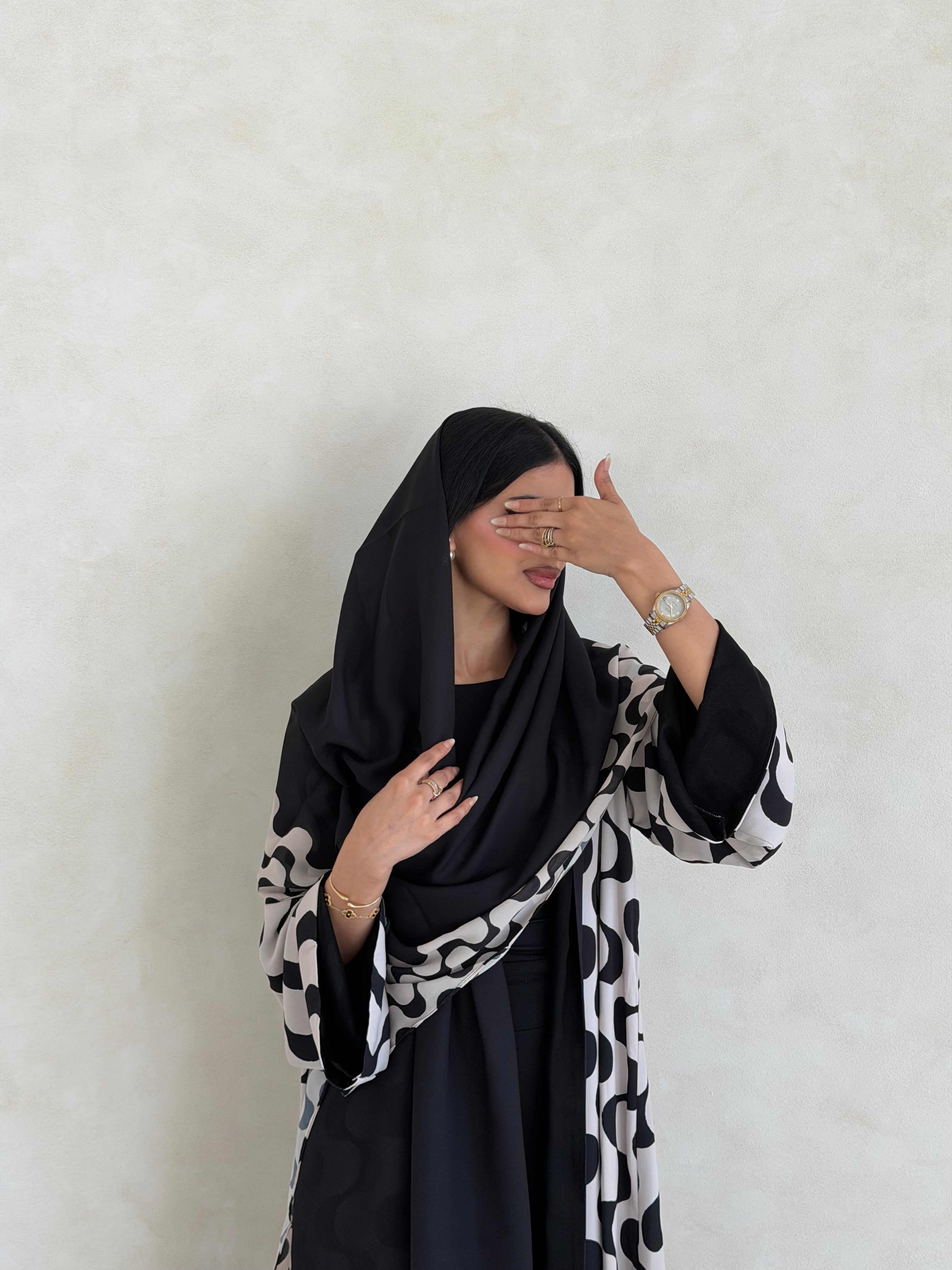 FAB344- White and Black Waves Printed Straight-Cut Abaya and matching headscarf