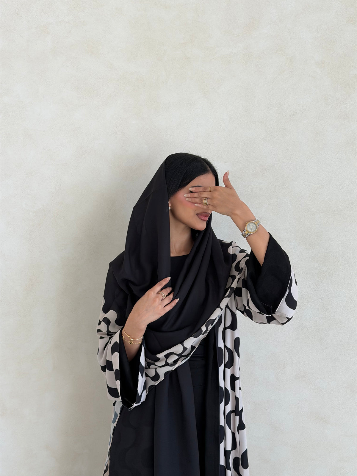 FAB344- White and Black Waves Printed Straight-Cut Abaya and matching headscarf