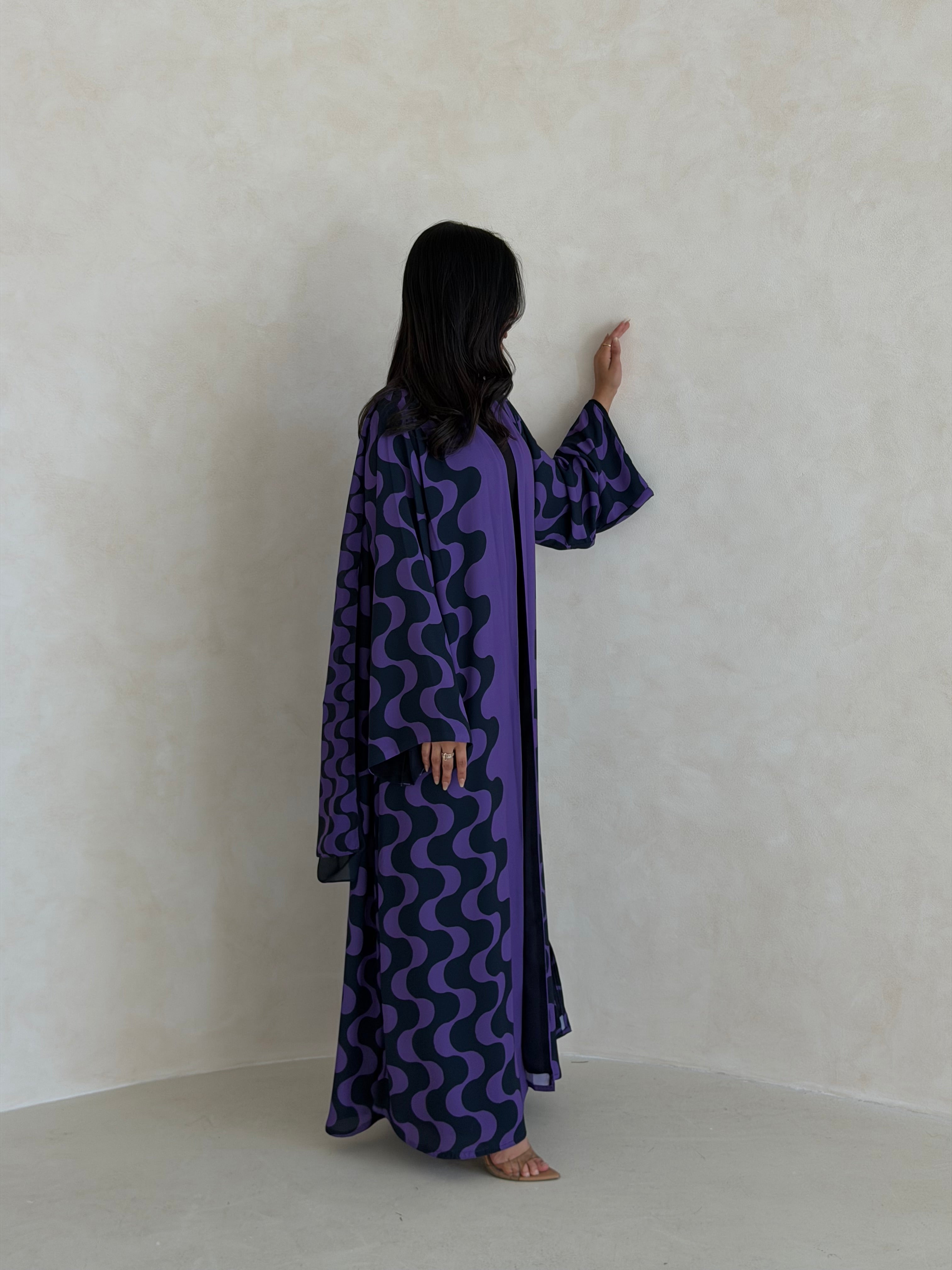 FAB345- Purple Blue Waves Printed Straight-Cut Abaya and matching headscarf