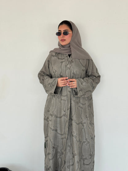 FAB217- Beige Ribbon Embroidery Linen Abaya with headscarf