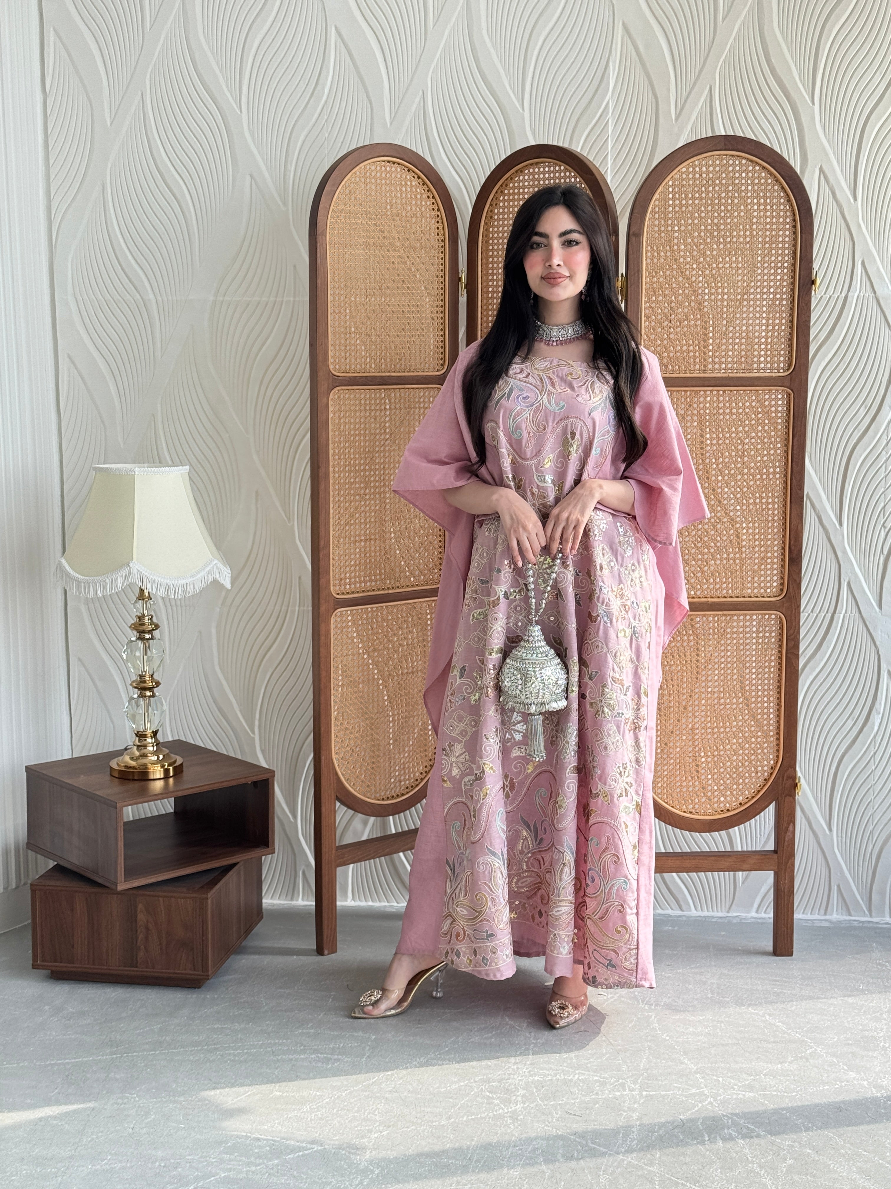 FAB270- Pink Elegant linen jalabiya with multicolor embroidery and a flowing cape cut