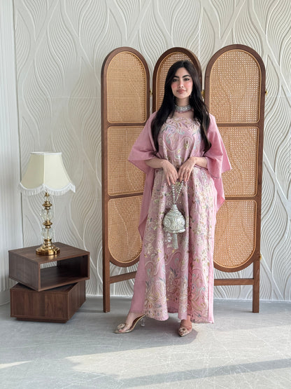 FAB270- Pink Elegant linen jalabiya with multicolor embroidery and a flowing cape cut