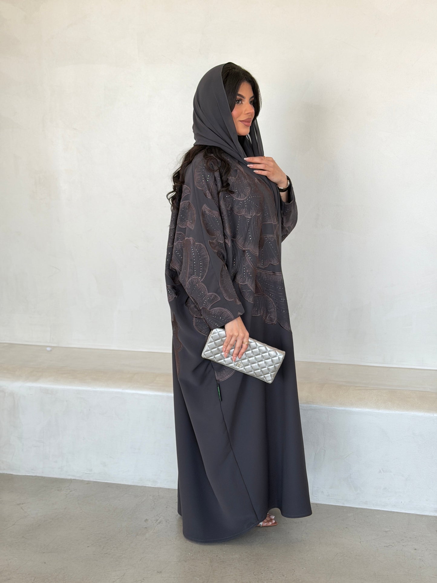 FAB296- Grey Crystal Embroidered Half Bisht Cut Crepe Abaya