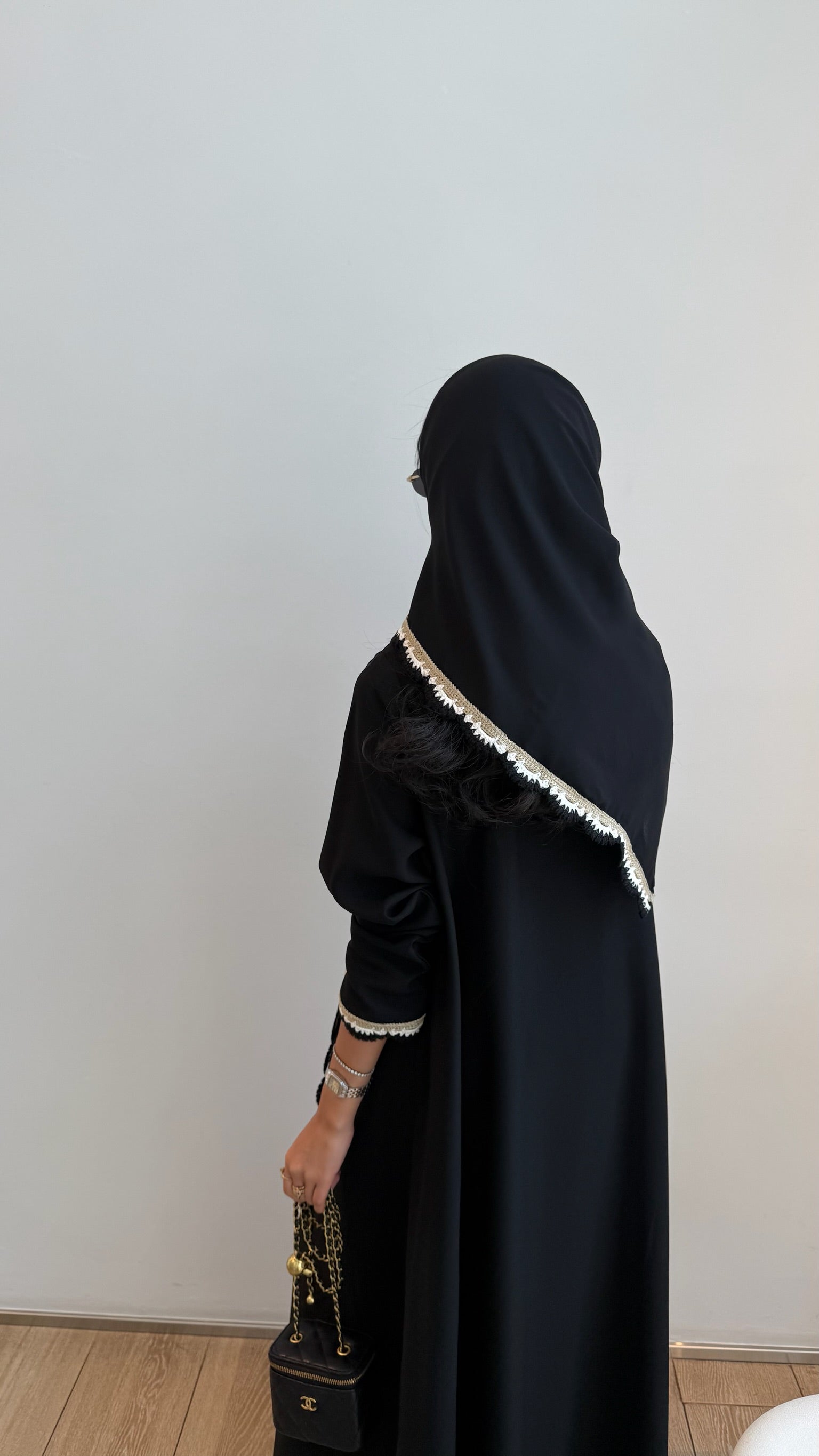 FAB326- Beige Black Crochet Crepe A-Cut Abaya with matching headscarf