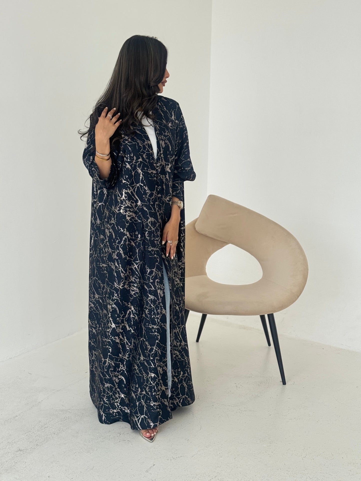 FAB207-Elegant Navy Blue Metallic Crepe Silk A-Cut Abaya with headscarf