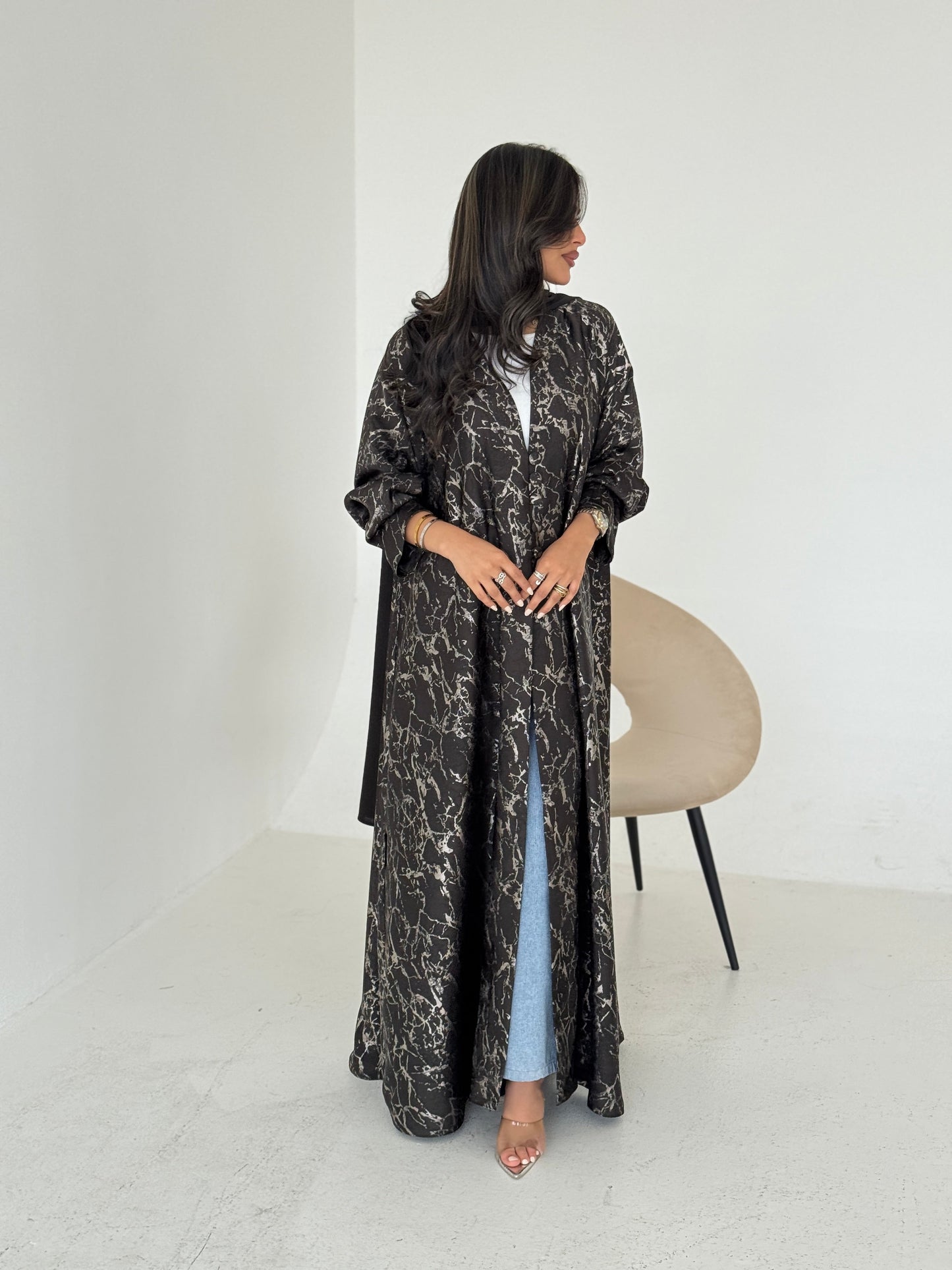 FAB208-Elegant Olive Grey Metallic Crepe Silk A-Cut Abaya with headscarf