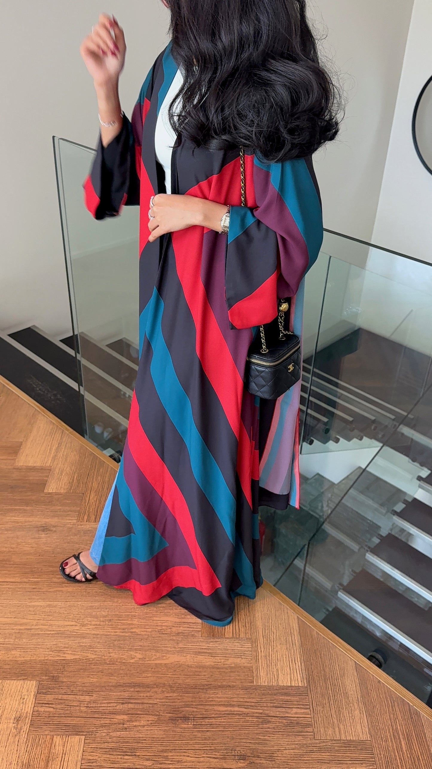 FAB327- Red blue printed rainbow straight-cut abaya with matching headscarf