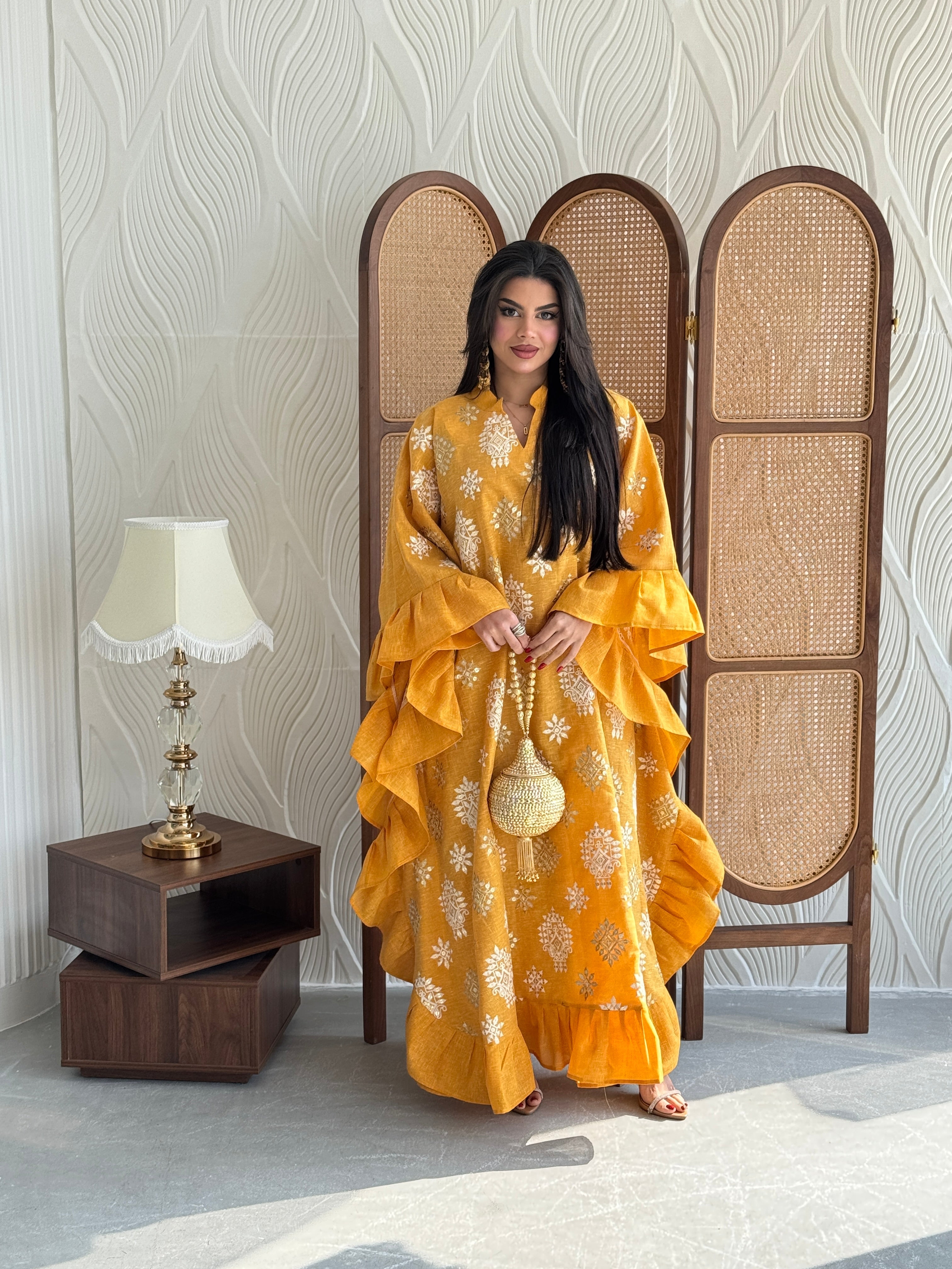 FAB274-Mustard Yellow Linen Embroidered Butterfly-Cut Jalabiya with Ruffled Sleeves