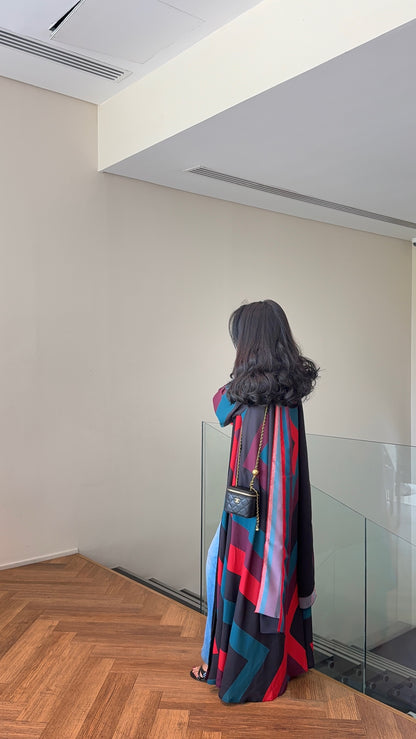 FAB327- Red blue printed rainbow straight-cut abaya with matching headscarf