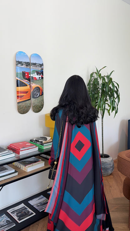 FAB327- Red blue printed rainbow straight-cut abaya with matching headscarf