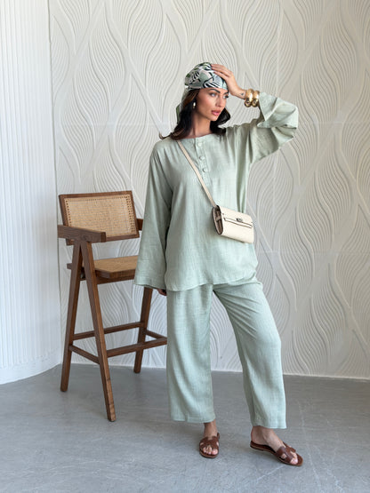 FAB309- Green Basic Linen Summer Set