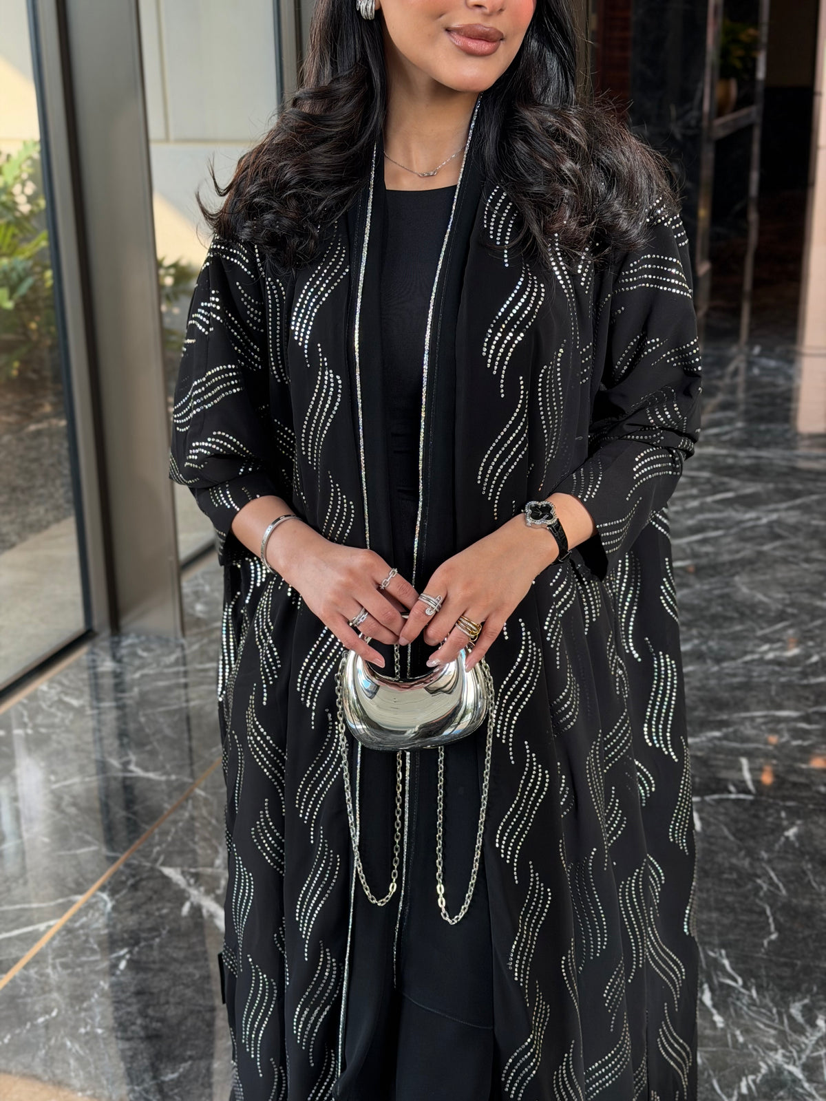 FAB339 – Elegant Black Chiffon Abaya with Silver Naqda Embroidery, Half-Bisht Cut & Matching Headscarf