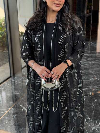 FAB339 – Elegant Black Chiffon Abaya with Silver Naqda Embroidery, Half-Bisht Cut & Matching Headscarf