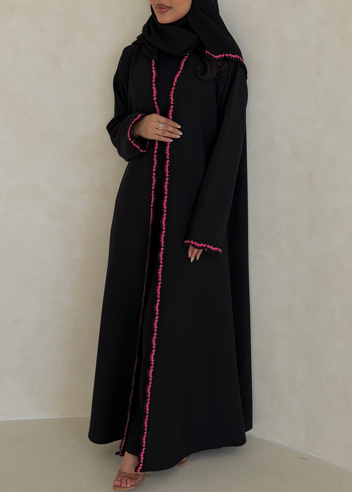FAB346- Pink Crochet Black Crepe Klosh-Cut Abaya with Headscarf