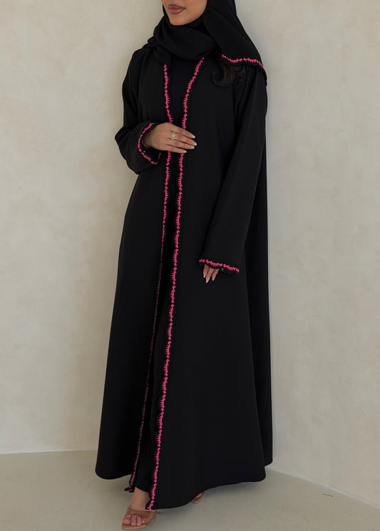 FAB347- Pink Crochet Black Crepe Klosh-Cut Abaya with Headscarf