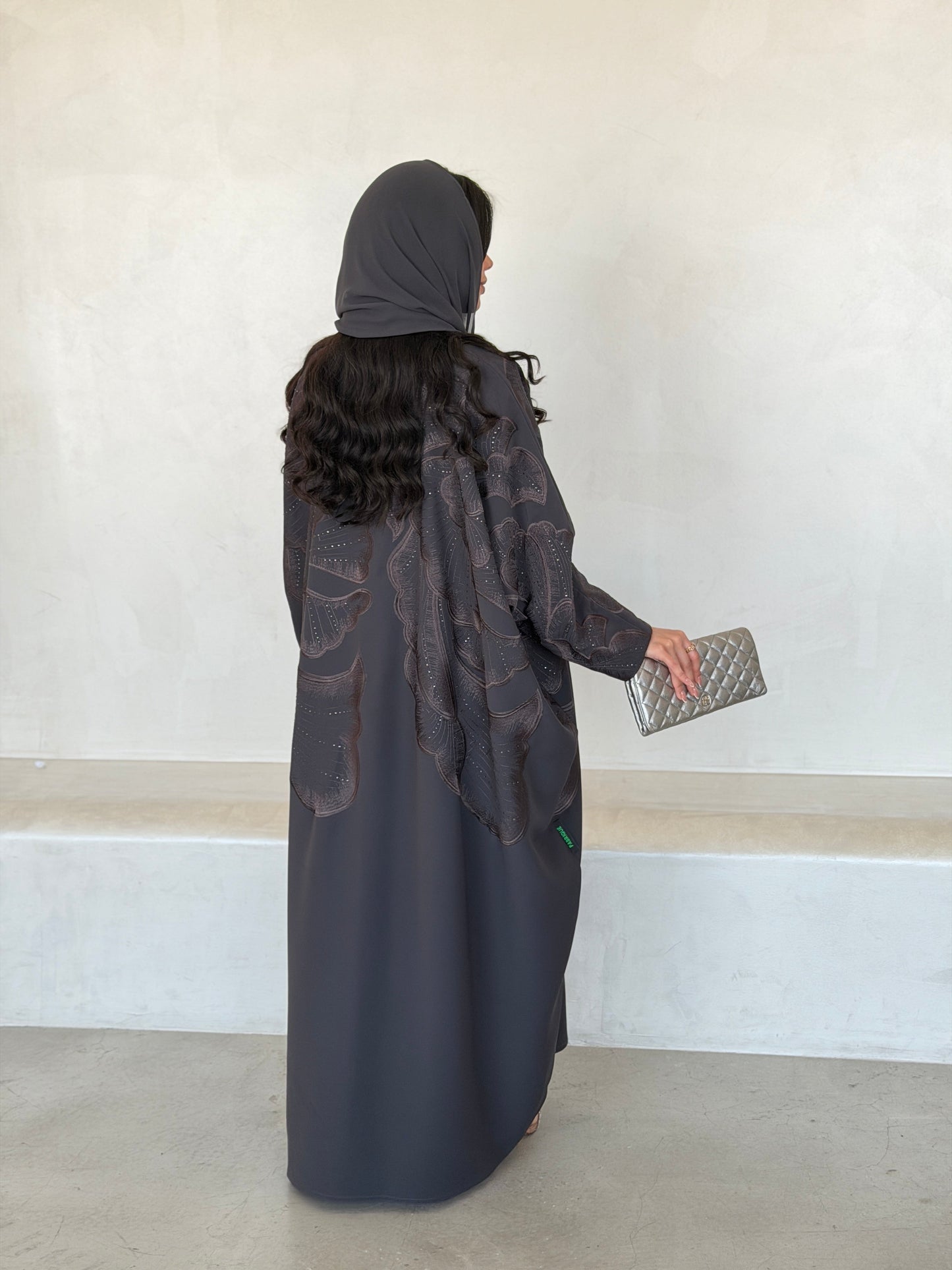 FAB296- Grey Crystal Embroidered Half Bisht Cut Crepe Abaya