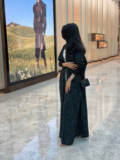 FAB341-Black Green Embroidery Half-Bisht Cut Abaya with Fitted Black Stretch Sleeves and matching headscarf