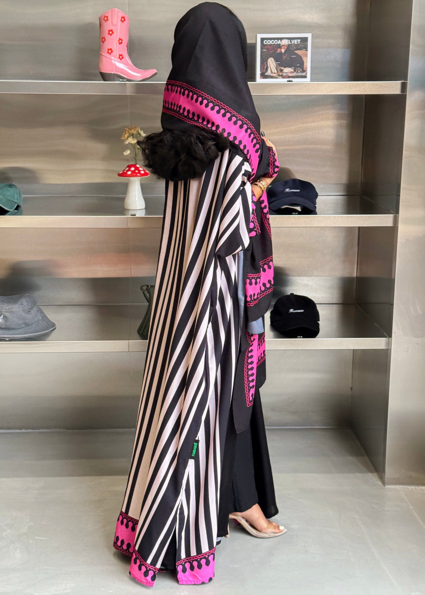 FAB320-Fuchia Black & Light Beige Striped Half Bisht-Cut Abaya with Neon border print