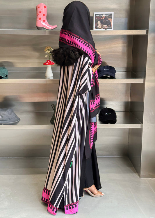 FAB320-Fuchia Black & Light Beige Striped Half Bisht-Cut Abaya with Neon border print