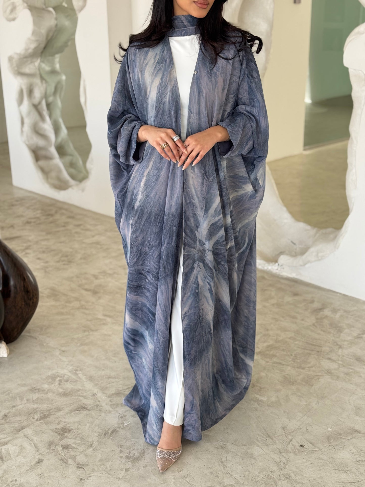 FAB176- Blue Shimmer Chiffon Bisht- Cut Summer Abaya with matching headscarf