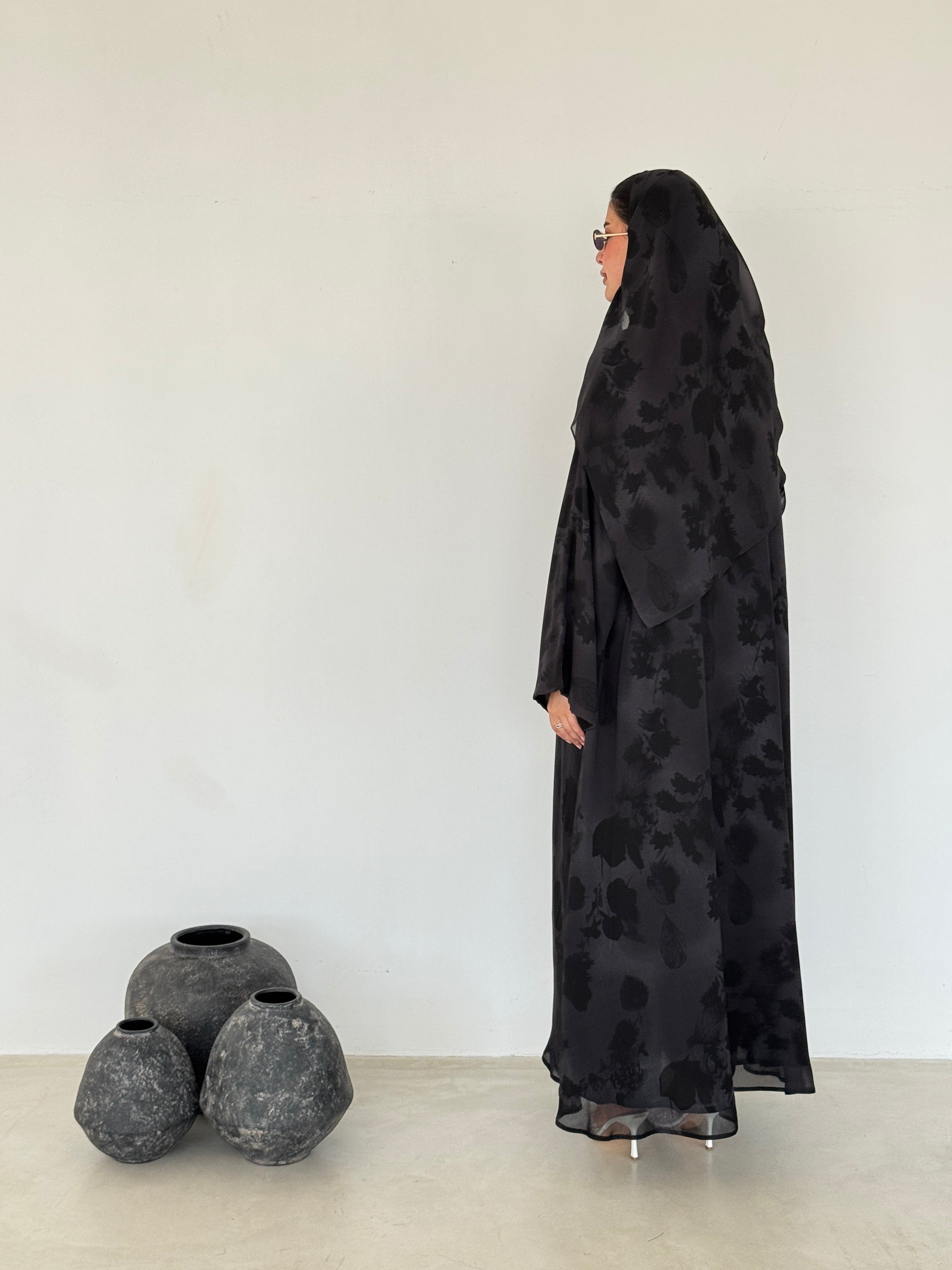 FAB214- Black Grey Printed A-Cut Shiffon Abaya Set