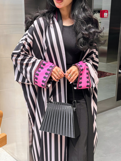 FAB320-Fuchia Black & Light Beige Striped Half Bisht-Cut Abaya with Neon border print