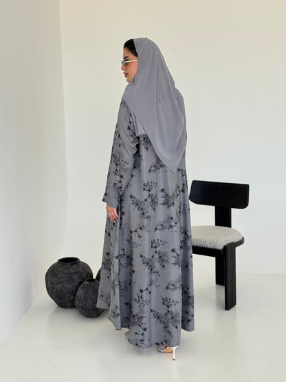 FAB222- Grey Printed Floral A-Cut Abaya