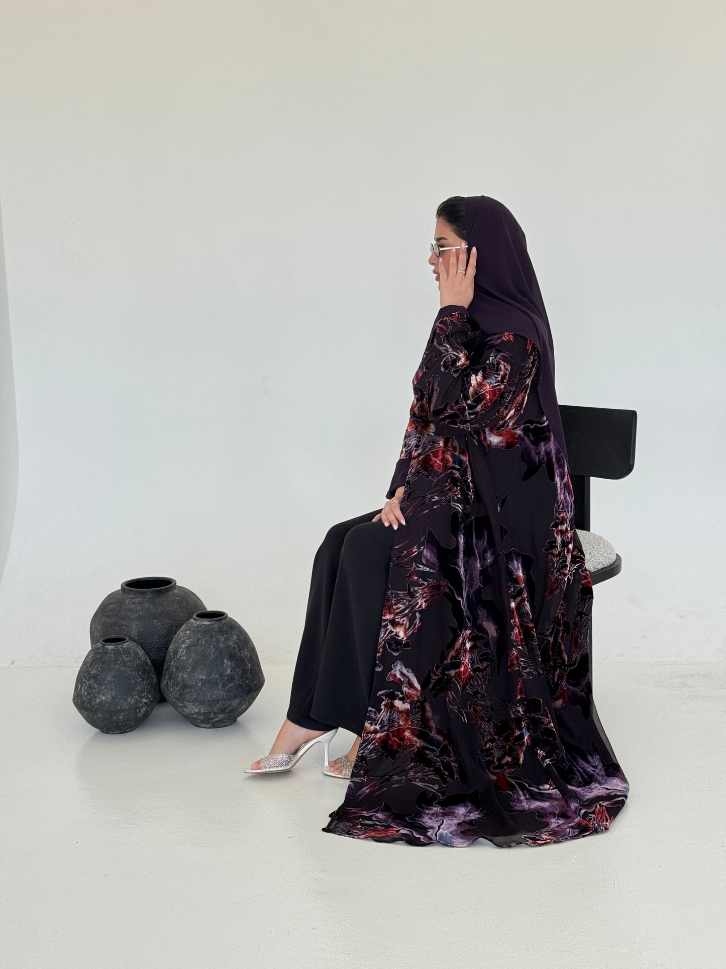 FAB231- Dark Purple Chiffon with Velvet Print Abaya with headscarf