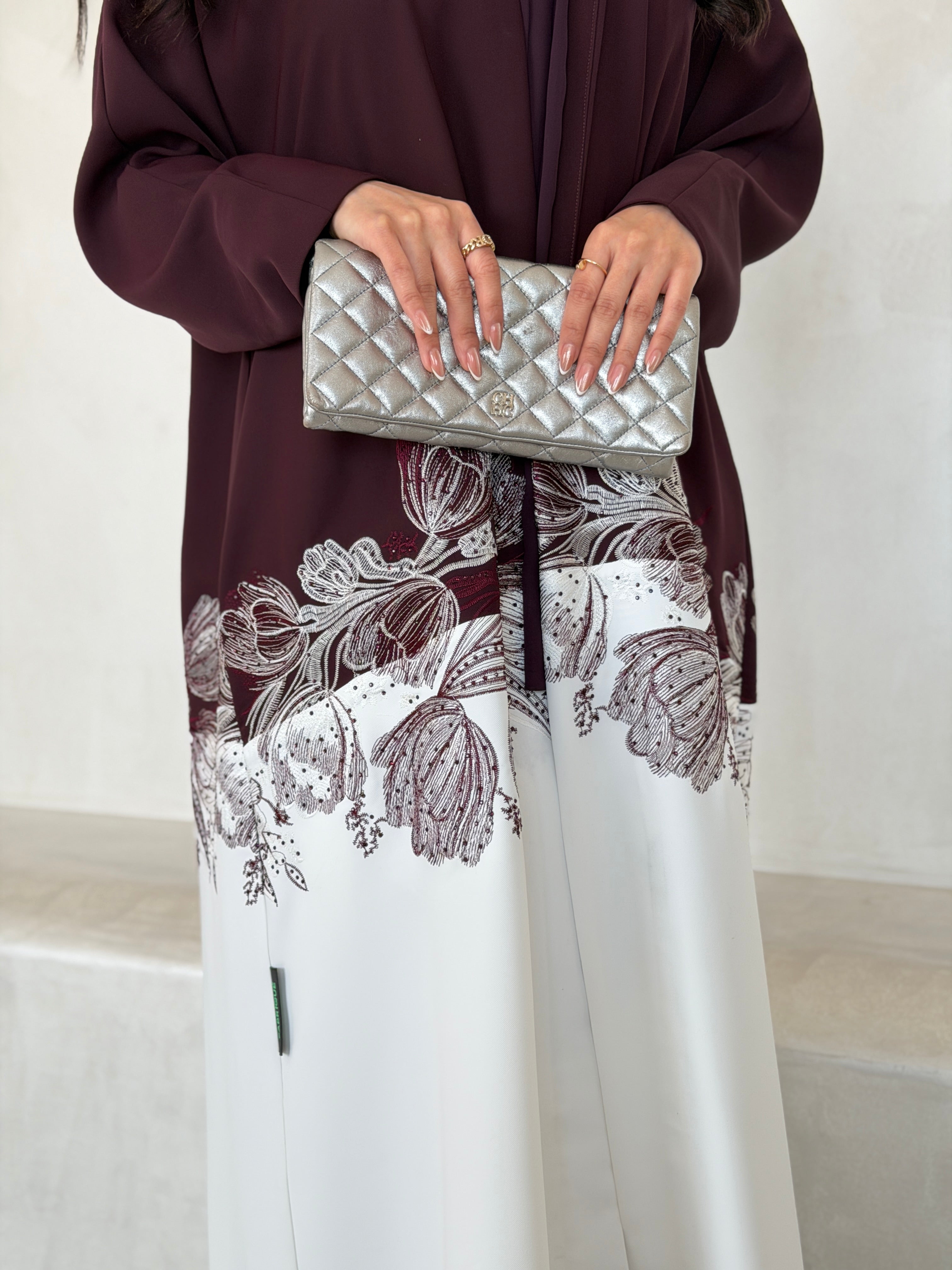 FAB293- Burgundy & White Crepe Crystal Embroidered Abaya