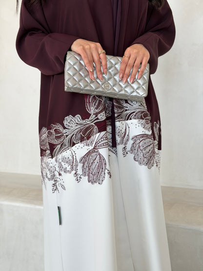 FAB293- Burgundy & White Crepe Crystal Embroidered Abaya