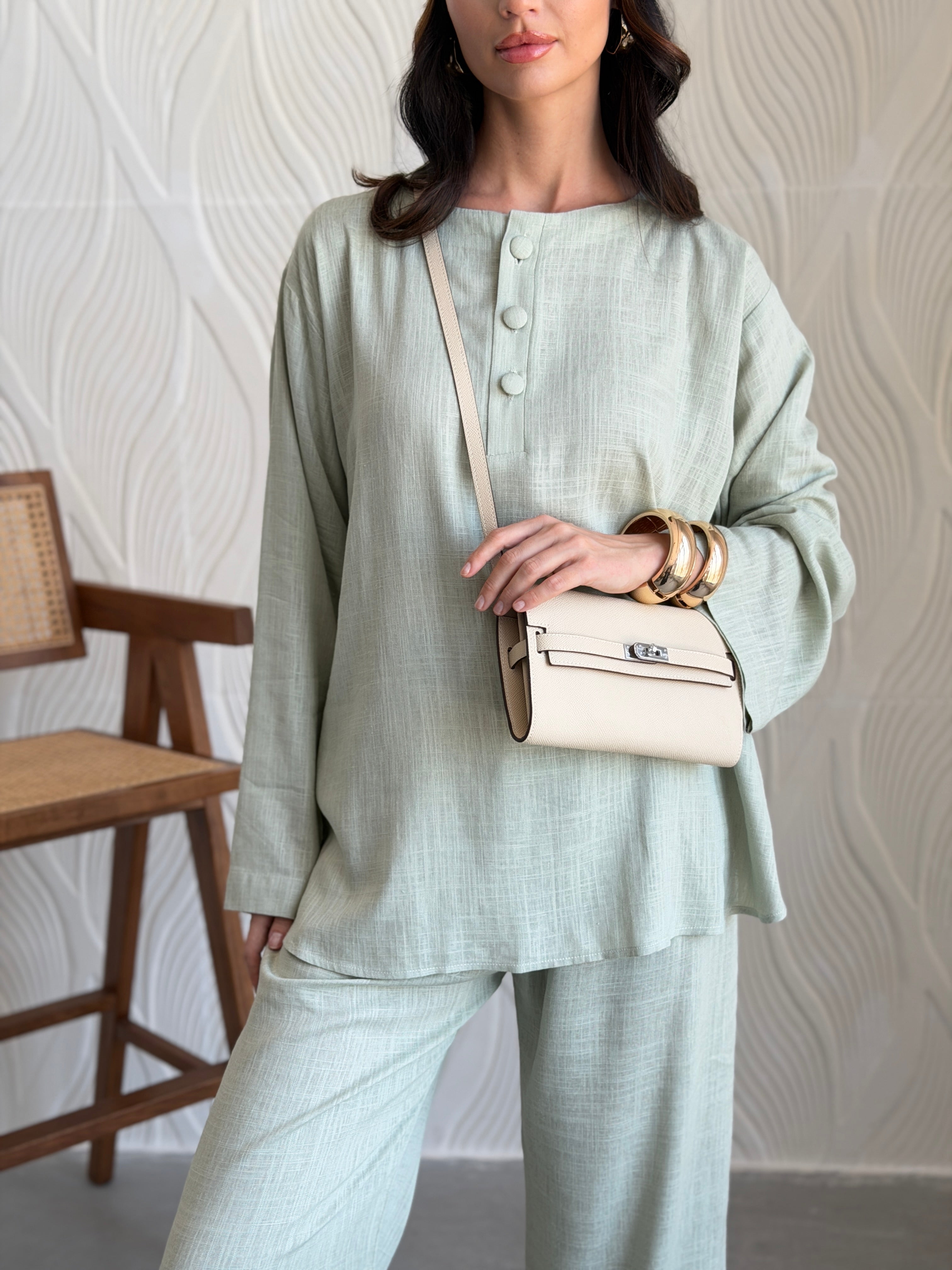 FAB309- Green Basic Linen Summer Set