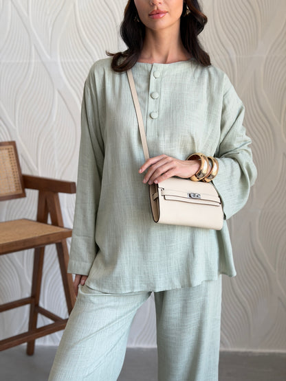 FAB309- Green Basic Linen Summer Set