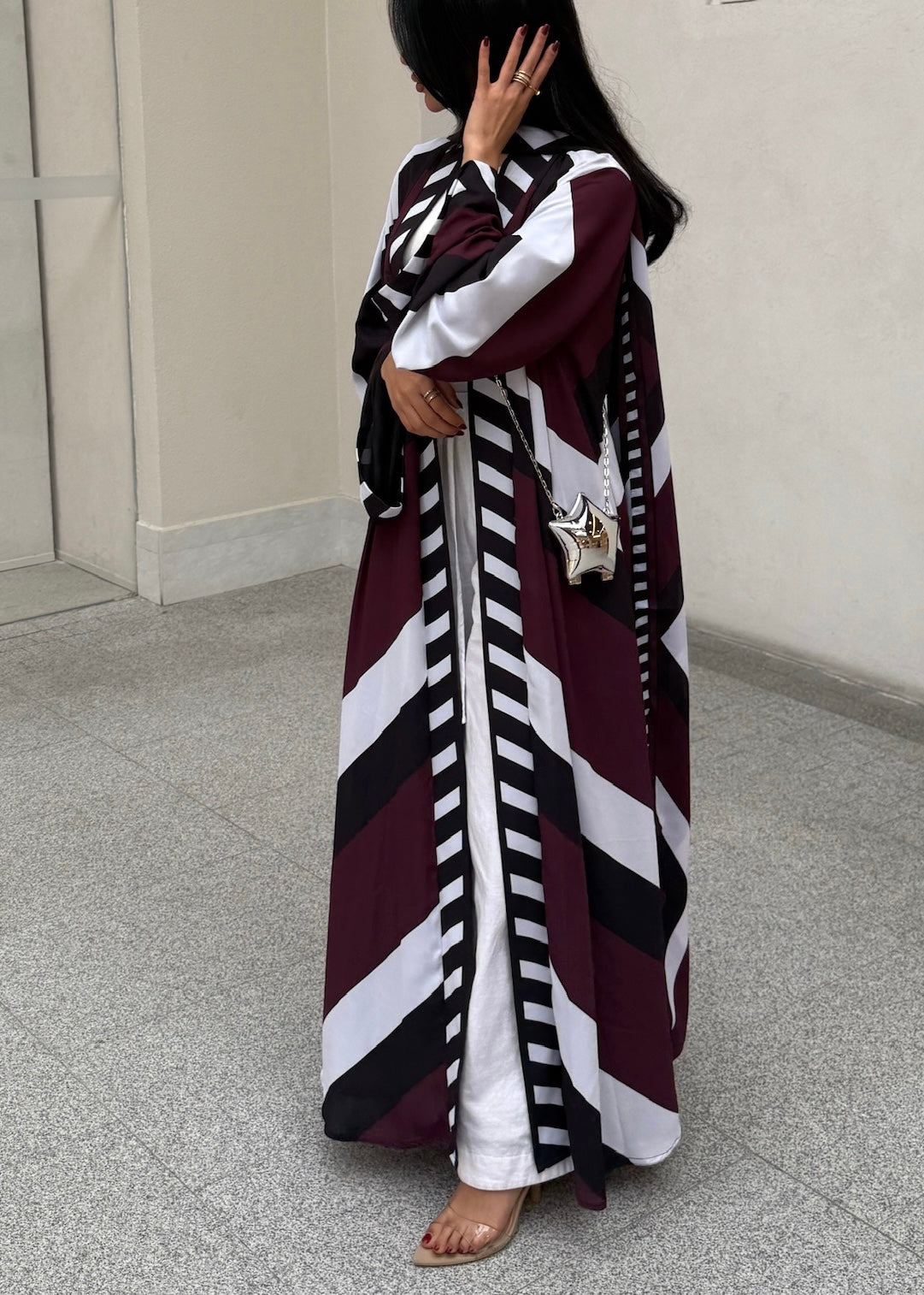 FAB302-Maroon & Black Printed Chiffon Silk A-Cut Abaya Set