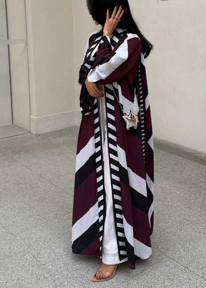 FAB302-Maroon & Black Printed Chiffon Silk A-Cut Abaya Set
