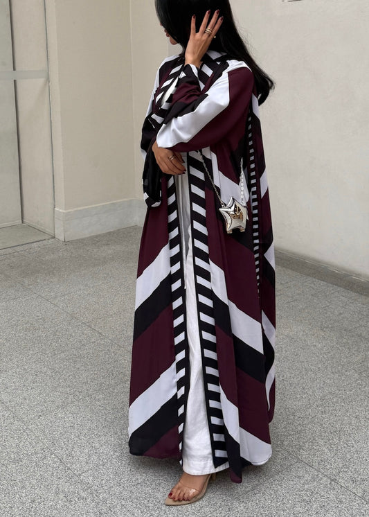 FAB302-Maroon & Black Printed Chiffon Silk A-Cut Abaya Set