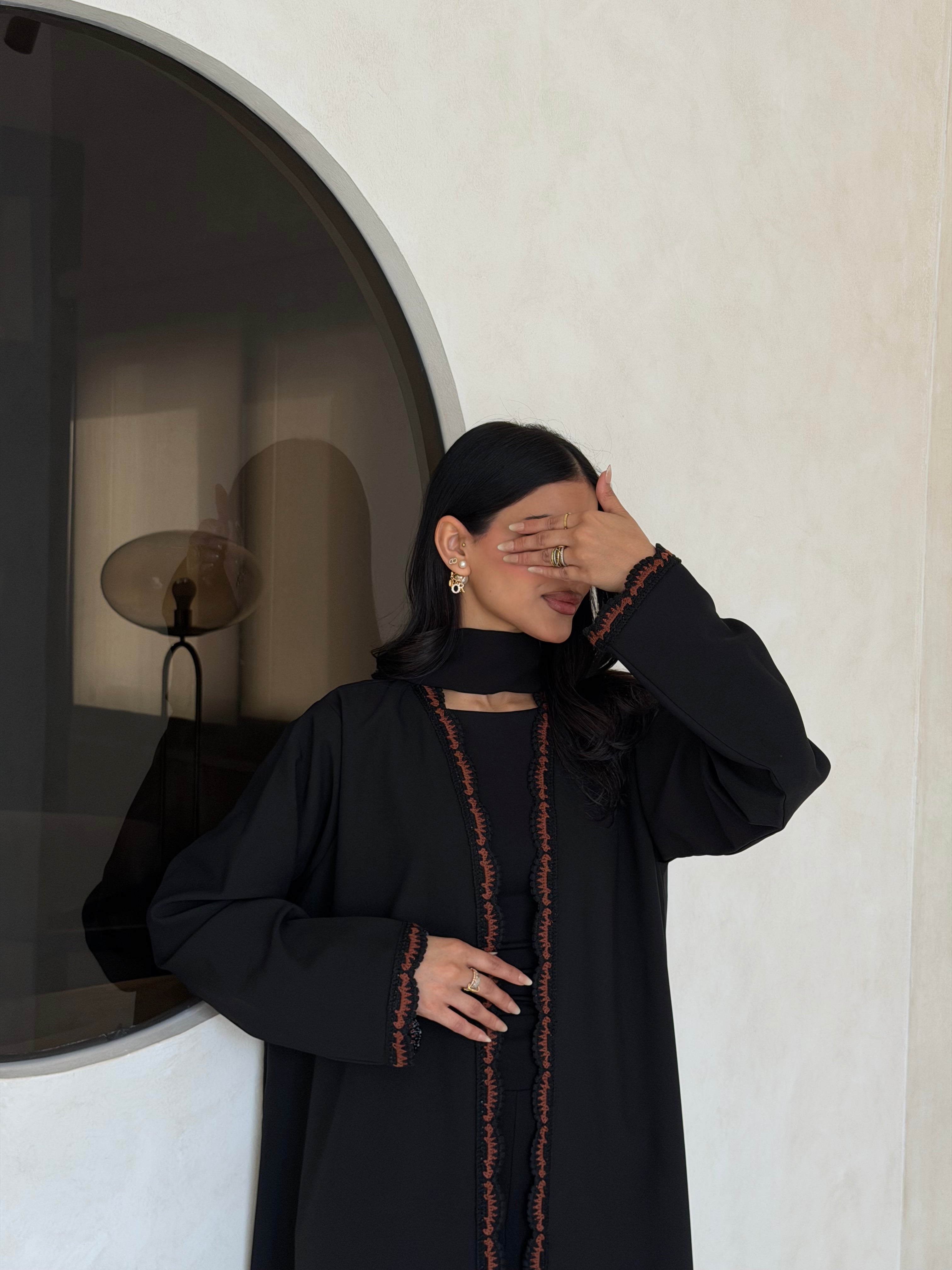 FAB349- Brown Crochet Black Crepe Klosh-Cut Abaya with Headscarf