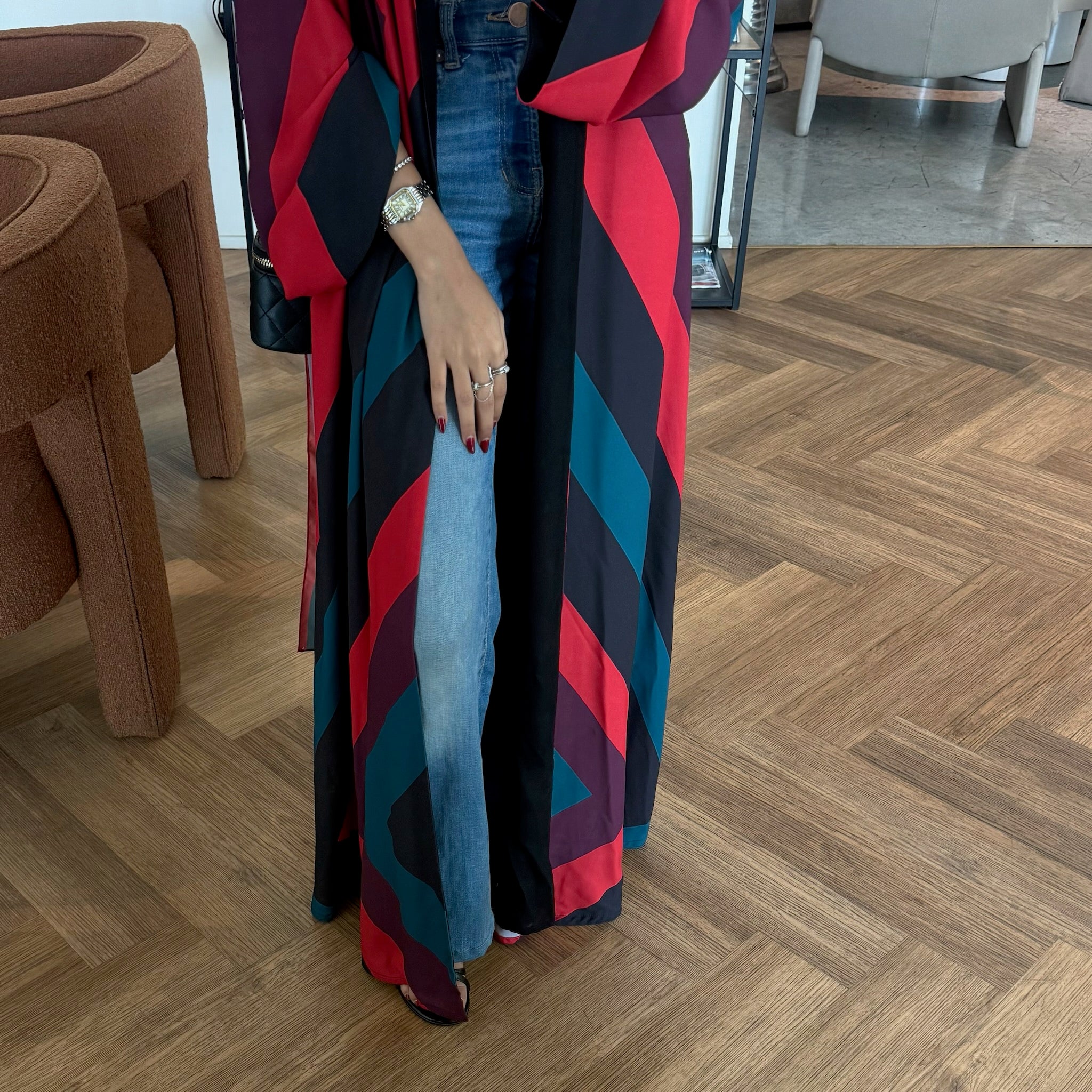 FAB327- Red blue printed rainbow straight-cut abaya with matching headscarf