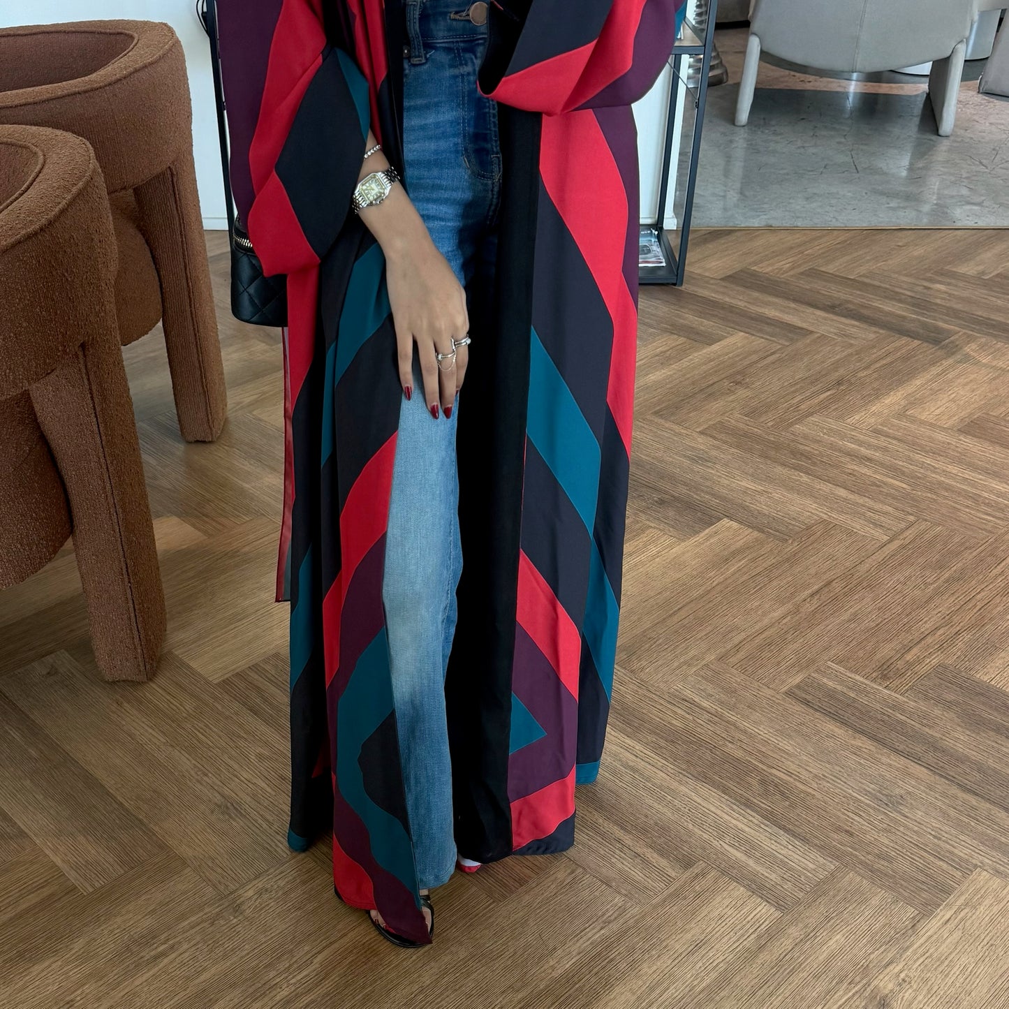 FAB327- Red blue printed rainbow straight-cut abaya with matching headscarf