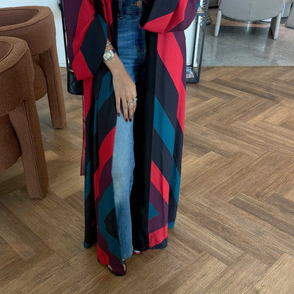 FAB327- Red blue printed rainbow straight-cut abaya with matching headscarf