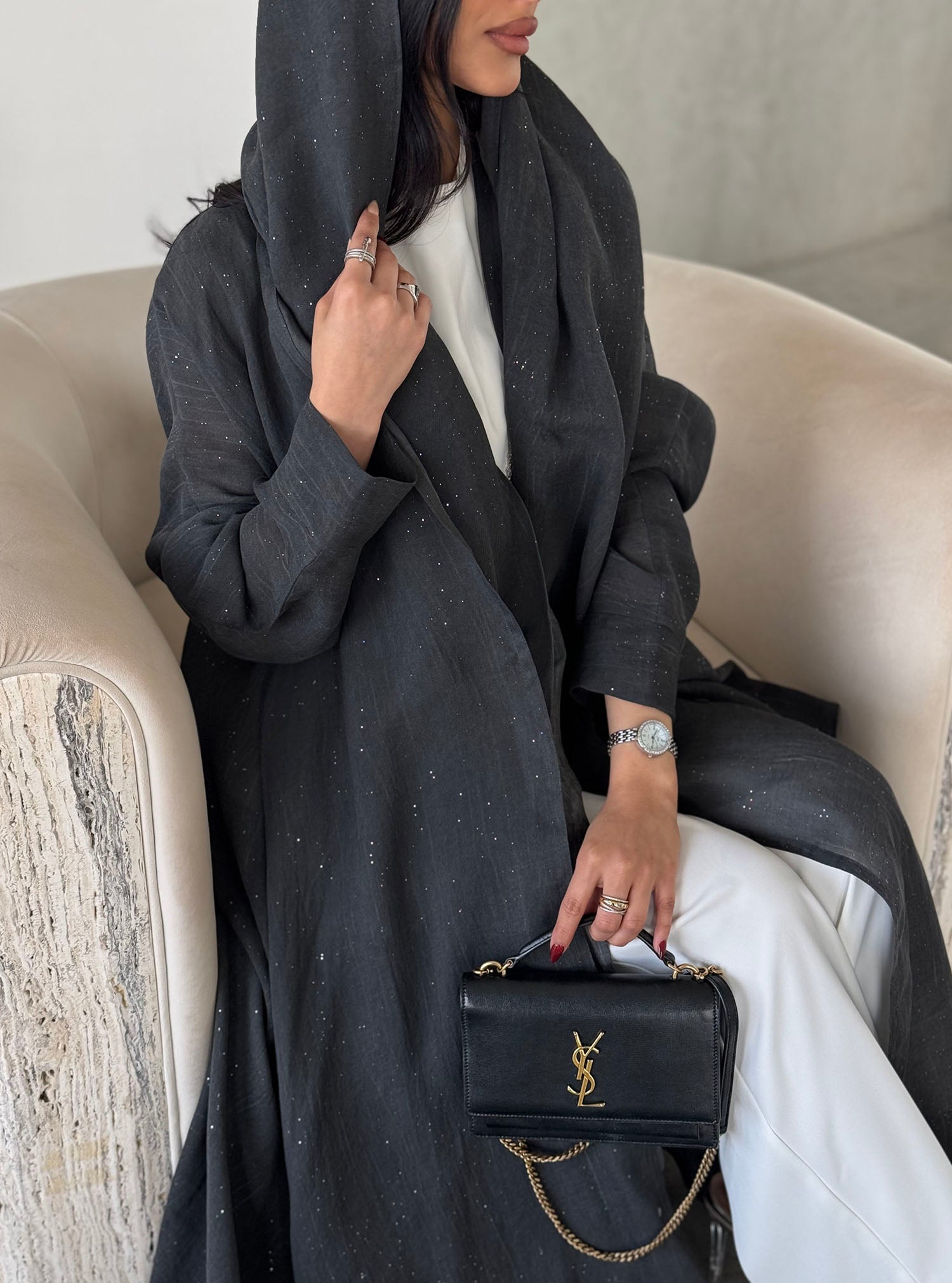 FAB169-Charcoal Black Glitter Linen A-Cut Abaya Set