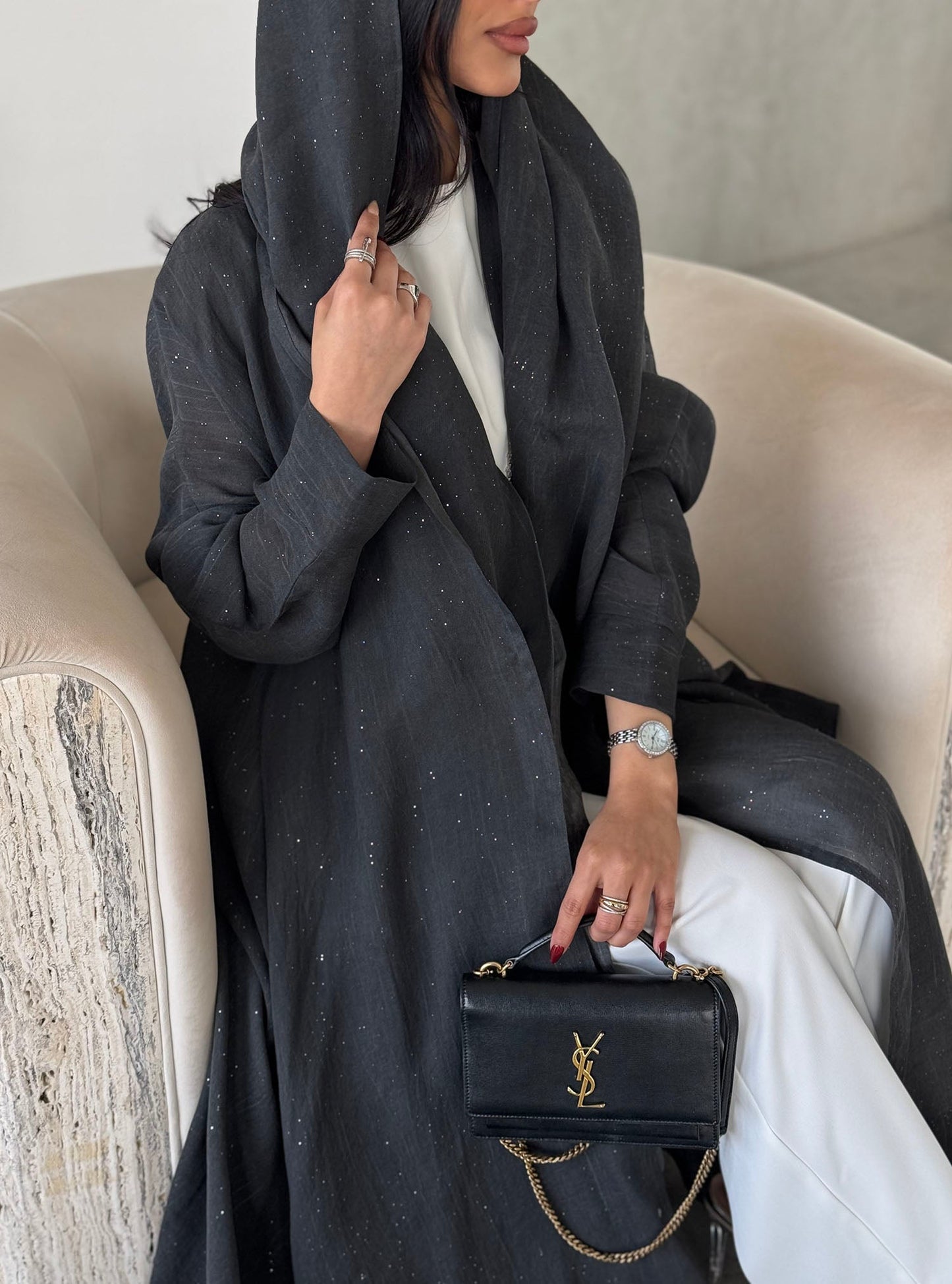 FAB169-Charcoal Black Glitter Linen A-Cut Abaya Set