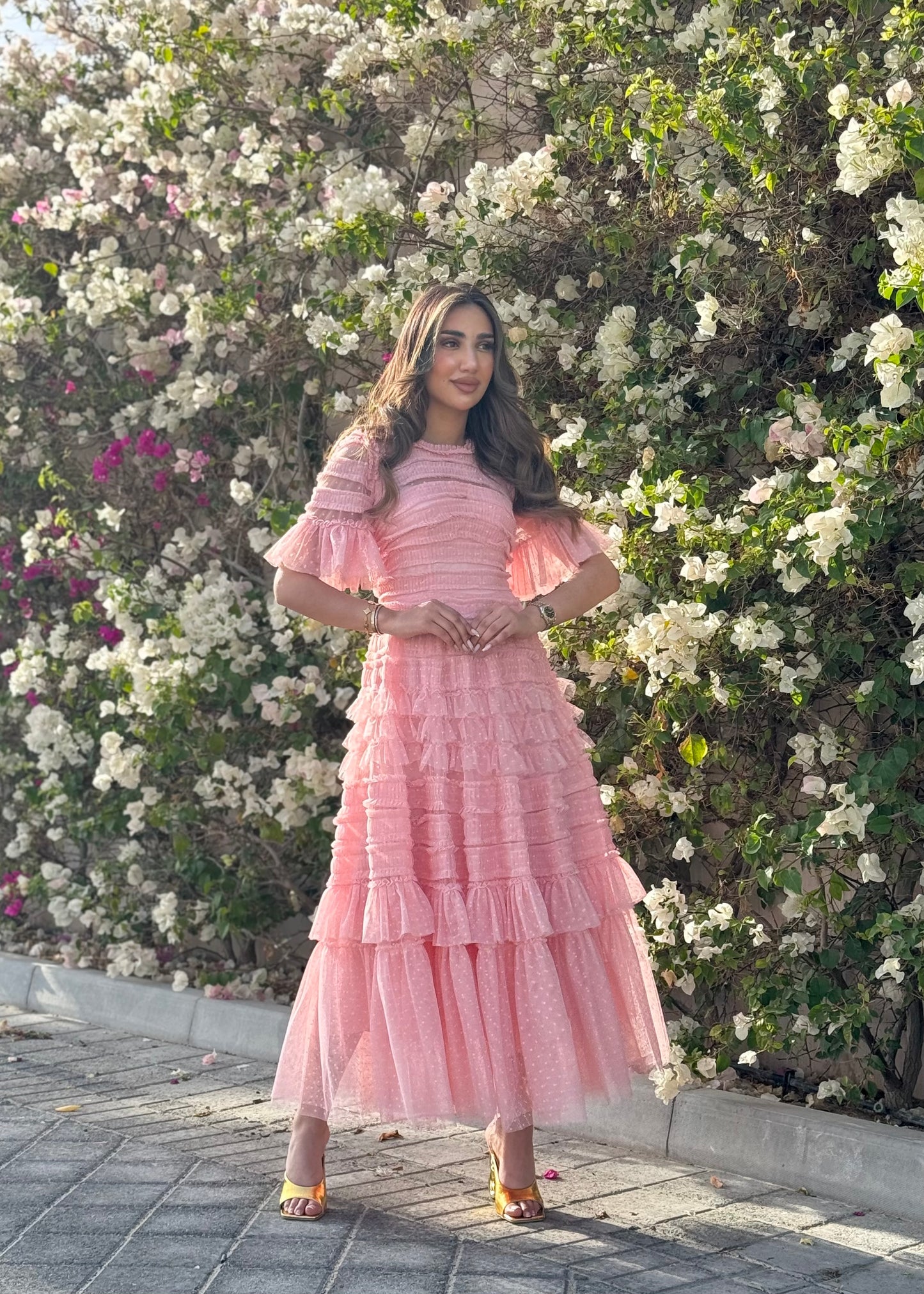 Pink Tulle Short Sleeve Dress