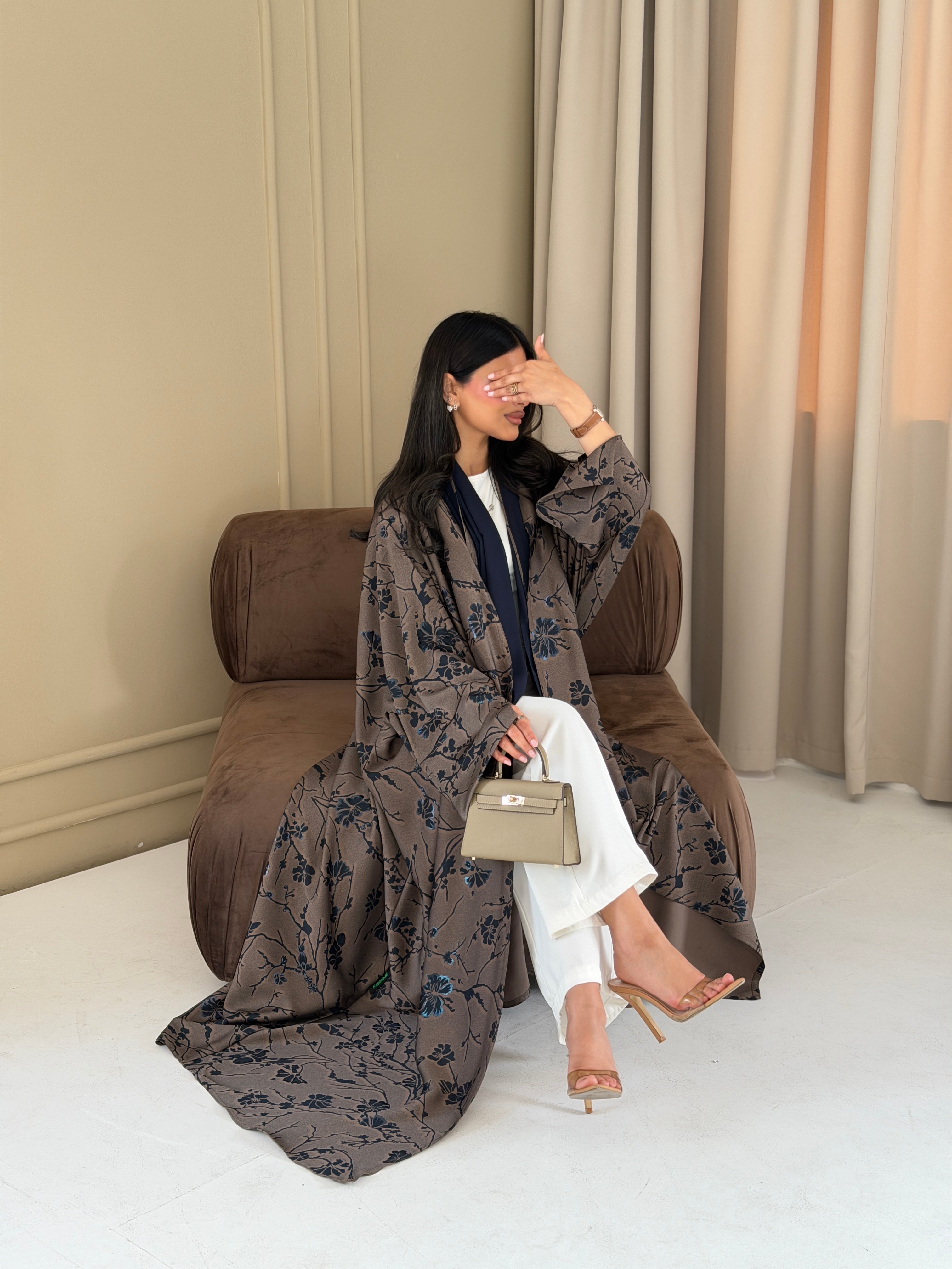 FAB283-Brown Floral Print Half Bisbt Abaya with pipping headscarf