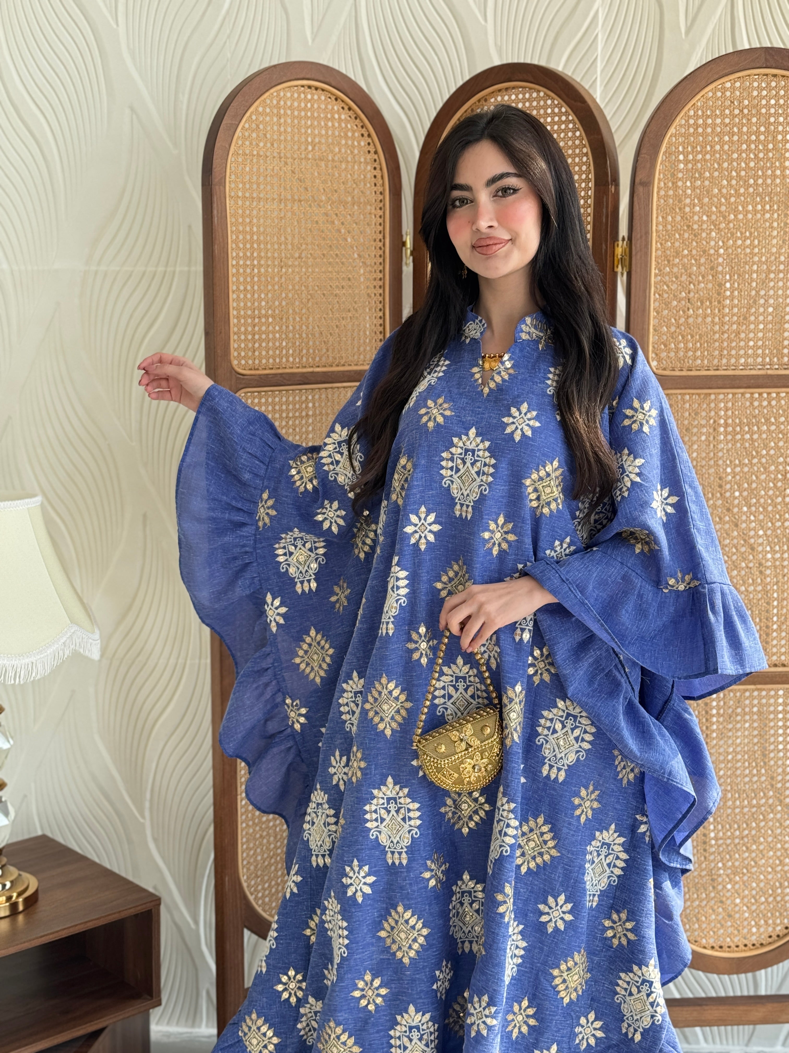 FAB273-Blue Linen Embroidered Butterfly-Cut Jalabiya with Ruffled Sleeves