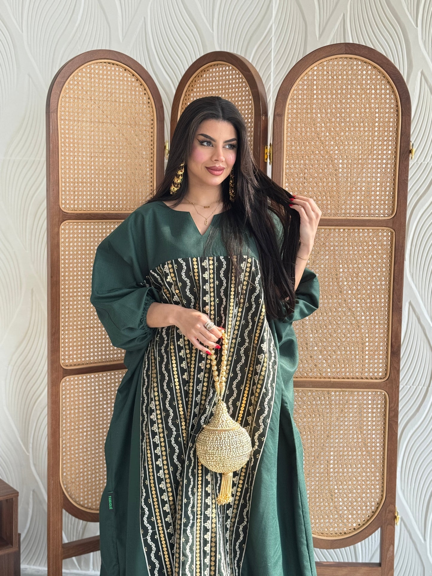 FAB266- Green free-size linen jalabiya with elegant gold embroidery