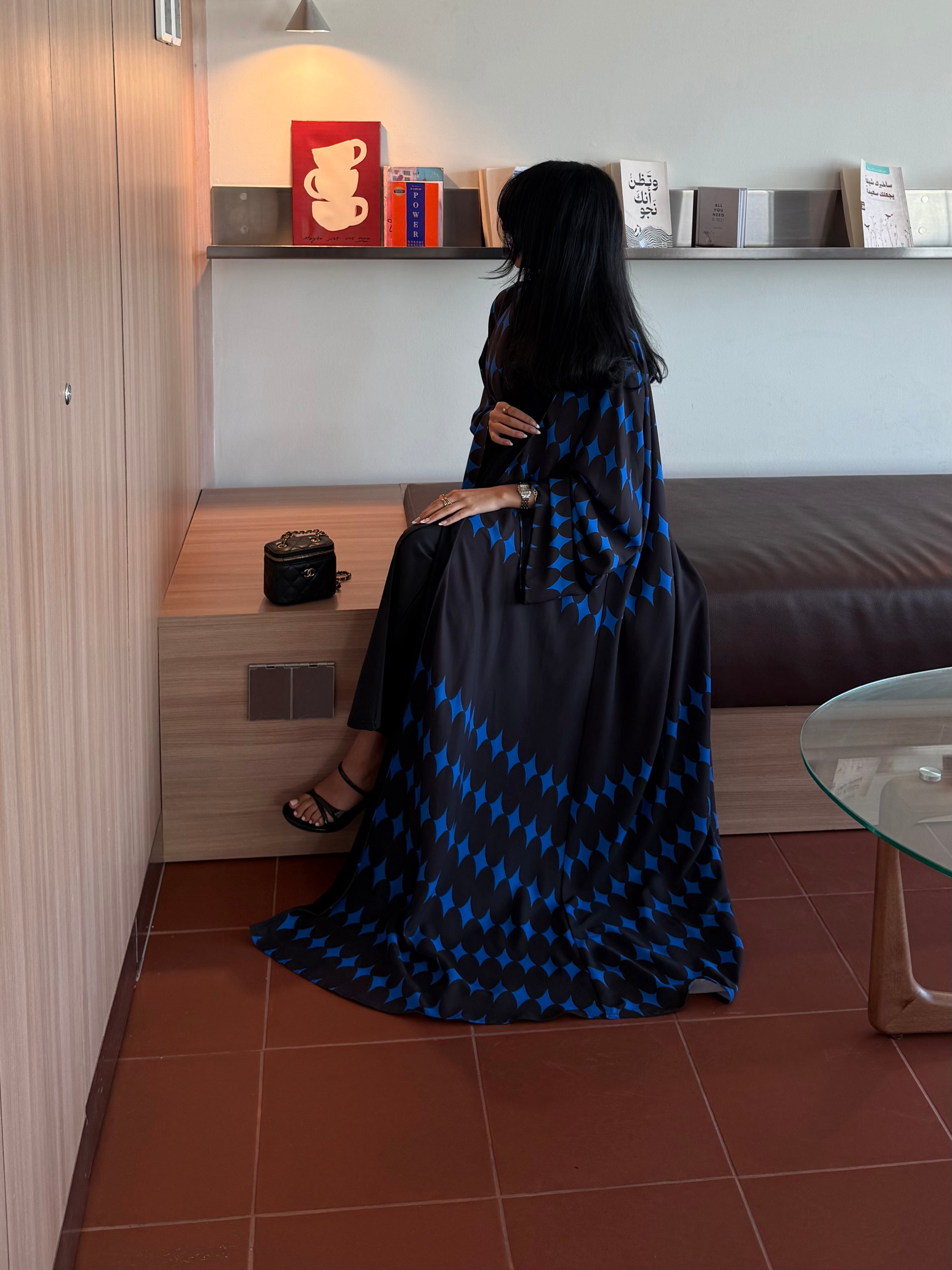 FAB336-Blue & Black Diamond Print Straight-Cut Abaya with Matching Headscarf