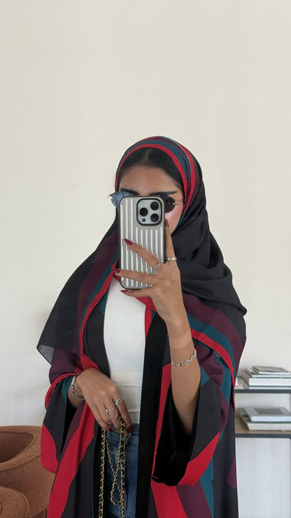 FAB327- Red blue printed rainbow straight-cut abaya with matching headscarf