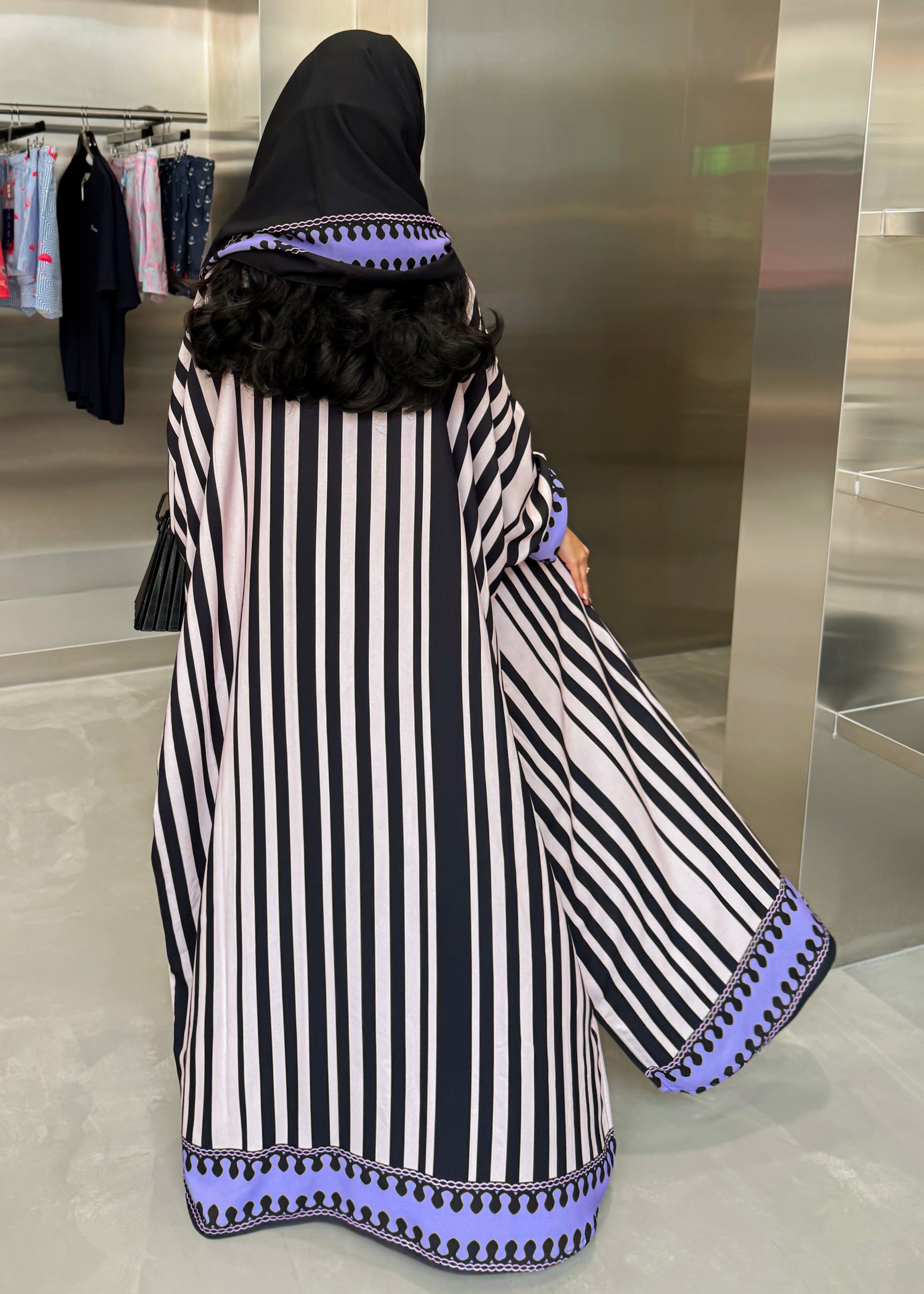 FAB321-Purple Black & Light Beige Striped Half Bisht-Cut Abaya with Neon border print