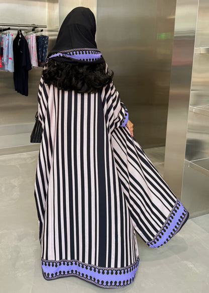 FAB321-Purple Black & Light Beige Striped Half Bisht-Cut Abaya with Neon border print