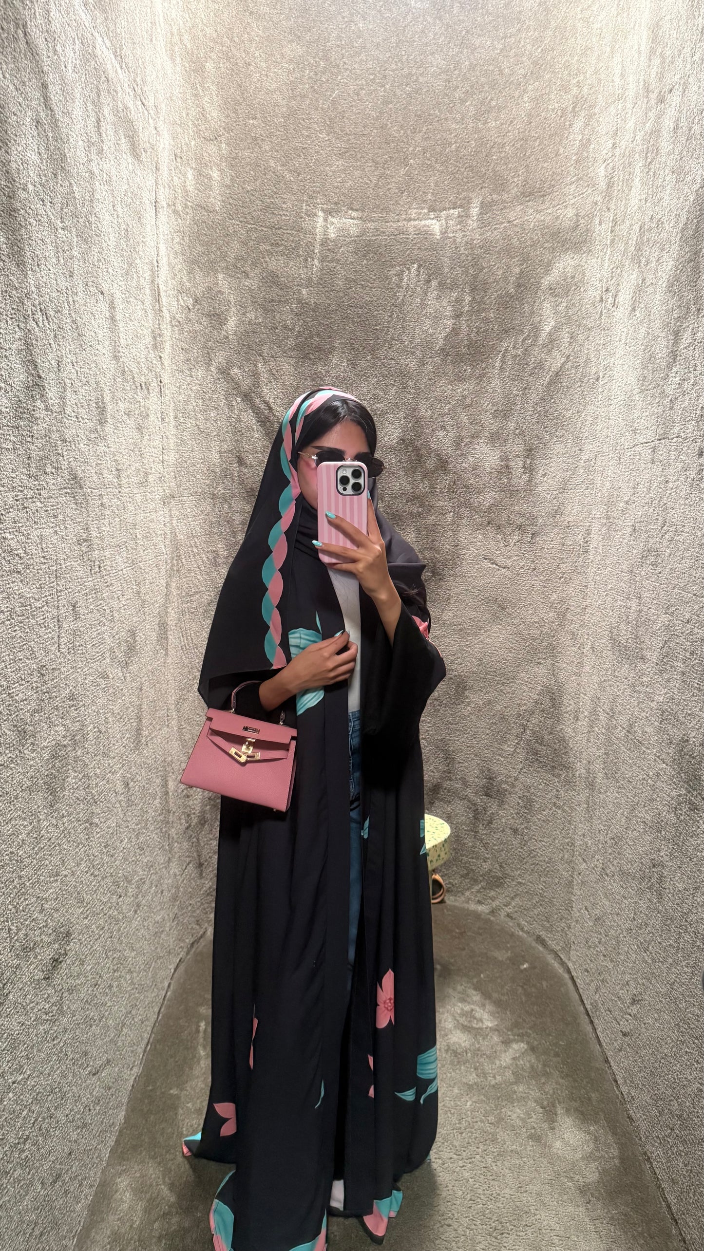 FAB324-Black Pink and Green Floral Print abaya and headscarf- Straight Cut